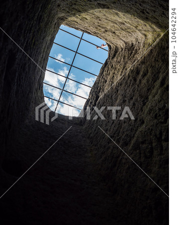 Hole or window with steel bar, sandstone rock formations Winterstein, Hole or window with steel bar, sandstone rock formations Winterstein, 104642294