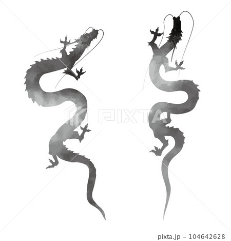天に昇る龍のシルエット （水墨画風／辰年の年賀状イラスト素材）の