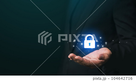 Cyber security concept, businessman hand protection network with lock icon and virtual screens. Cyber security concept, businessman hand protection network with lock icon and virtual screens. 104642716
