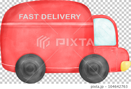 Cute Red Post Car Delivery, Adorable Cartoon Illustration watercolour hand drawing 104642763