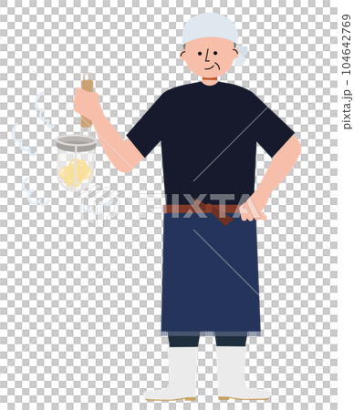 Illustration of a male ramen shop owner draining hot water from ramen 104642769