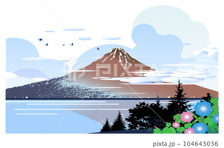 浮世絵風の富士山と朝顔と入道雲の夏の風景のイラスト素材 [104643036