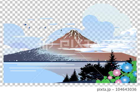 浮世絵風の富士山と朝顔と入道雲の夏の風景のイラスト素材 [104643036