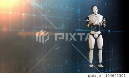 Futuristic world robots are running. Presentation of technology with robots. 3d rendering action of robot. Futuristic world robots are running. Presentation of technology with robots. 3d rendering action of robot. 104643301