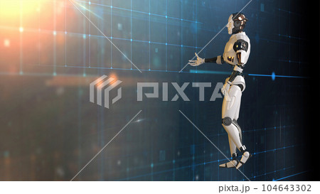 Futuristic world robots are running. Presentation of technology with robots. 3d rendering action of robot. Futuristic world robots are running. Presentation of technology with robots. 3d rendering action of robot. 104643302