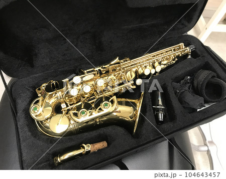 ケースに入ったカーブドソプラノサックス 104643457