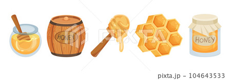 Glass Jar with Honey, Barrel and Honeycomb with Fragrant Sticky Nectar Vector Set 104643533