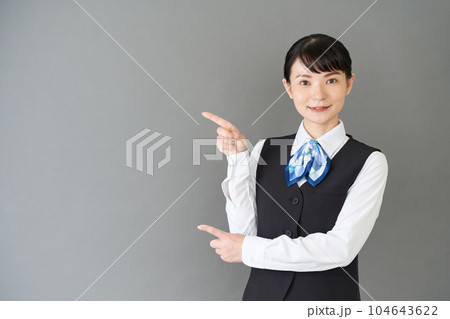 指で指し示すベストにリボンタイの制服を着た受付業務、事務業務の女性 指で指し示すベストにリボンタイの制服を着た受付業務、事務業務の女性 104643622