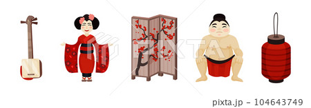 Japan Travel Symbols with Shamisen, Geisha, Folding Screens, Sumo Wrestler and Lantern Vector Set Japan Travel Symbols with Shamisen, Geisha, Folding Screens, Sumo Wrestler and Lantern Vector Set 104643749