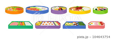 Japanese Bento Colorful Food Box as Ready Meal Vector Set 104643754