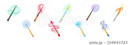 Magic Wands with Fairy Dust and Glow Swirling Around Vector Set 104643783