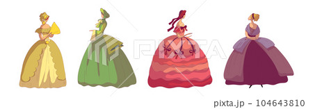 Madam Woman in Standing Pose Wearing Old-fashioned Dress or Ball Gown Vector Set Madam Woman in Standing Pose Wearing Old-fashioned Dress or Ball Gown Vector Set 104643810