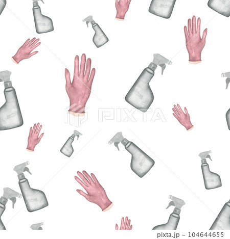 The watercolor illustration on a transparent background is handmade. Seamless pattern of spray and disposable glove 104644655
