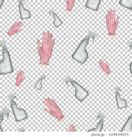 The watercolor illustration on a transparent background is handmade. Seamless pattern of spray and disposable glove 104644655