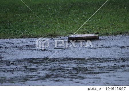 雨の市民球場にてセカンドベース 104645067