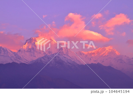 南アジアのネパール　ヒマラヤ山脈眺望の名所プーンヒル展望台から夜明けのダウラギリ山群の景色 104645194