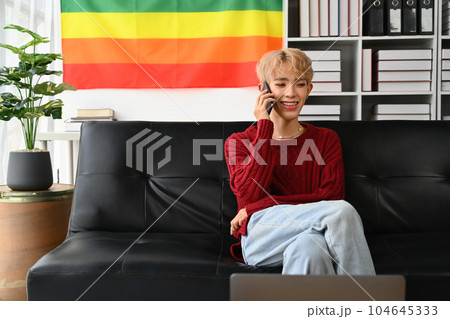 Casual young asian gay man having phone conversation, sitting on comfortable couch in living room with pride rainbow flag 104645333