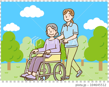 Young female caregiver walking pushing a car with a senior woman outdoors Young female caregiver walking pushing a car with a senior woman outdoors 104645512