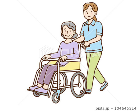 シニア女性が乗る車を押して歩く若い女性介護士 シニア女性が乗る車を押して歩く若い女性介護士 104645514