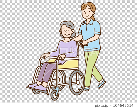 シニア女性が乗る車を押して歩く若い女性介護士 シニア女性が乗る車を押して歩く若い女性介護士 104645514