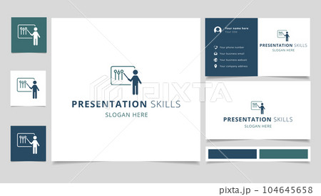 Presentation skills logo design with editable slogan. Branding book and business card template. 104645658