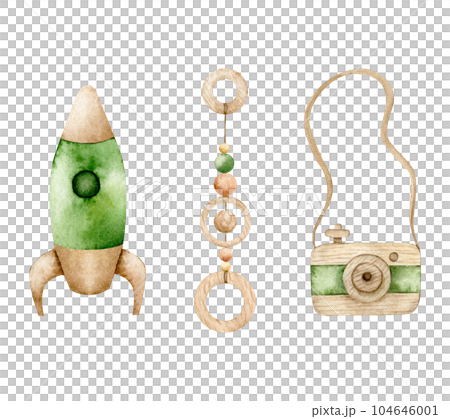 Watercolor set of baby toys. Wooden rocket, camera and teething toys in Scandinavian style. Hand drawn children illustration in green, beige colors for cards, baby shower and poster, sticker 104646001