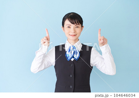 指で指し示すベストにリボンタイの制服を着た、受付業務、事務業務の女性 指で指し示すベストにリボンタイの制服を着た、受付業務、事務業務の女性 104646034