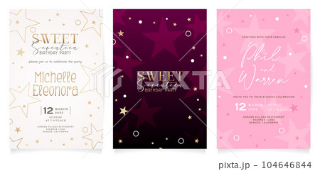 Vector illustration Set of wedding invitation cards with stars or birthday party invitation backgrounds for covering elements, banner social media, poster advertising, advertisement materials campaign 104646844