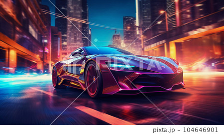 Epic Cyberpumk Sports Car Neon Retro Wave Style 104646901