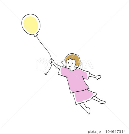 風船を持って飛んでいく子どもの線画イラスト 104647314