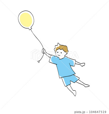 風船を持って飛んでいく子どもの線画イラストのイラスト素材