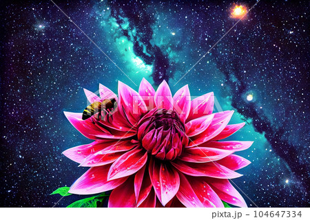 a bee sitting on a dahlia flower in the galaxy, detail style, 104647334
