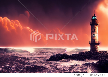 isolated iron lighthouse shining out to sea at night 104647347