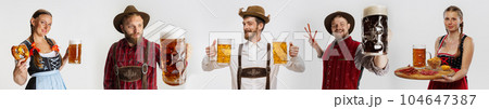 Collage made of smiling young people in traditional bavarian costumes standing with beer glasses isolated over grey background Collage made of smiling young people in traditional bavarian costumes standing with beer glasses isolated over grey background 104647387