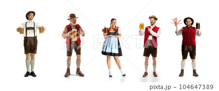 Collage made of young cheerful people in traditional bavarian costume standing with beer mugs isolated over white background Collage made of young cheerful people in traditional bavarian costume standing with beer mugs isolated over white background 104647389