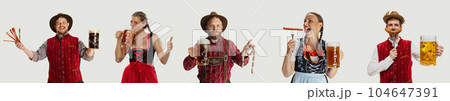 Collage made of young cheerful people in traditional german, bavarian clothes drinking beer and eating grilled sausage 104647391
