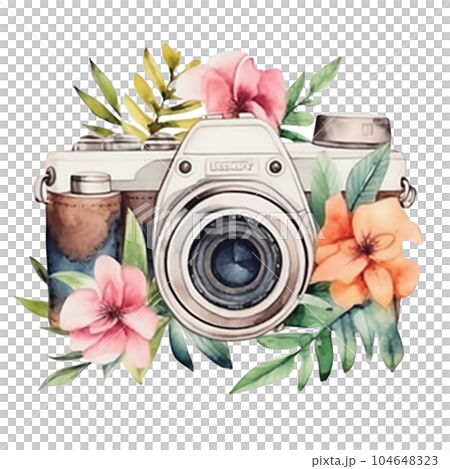camera, photo, vintage, watercolor, illustration, design, lens, elegant, floral, Generative AI 104648323