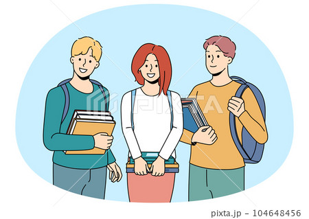 Smiling students with backpacks and books 104648456
