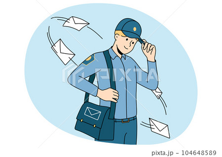 Smiling postman delivering letters 104648589