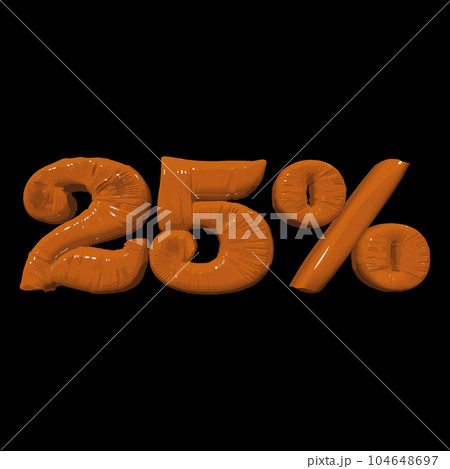 Inflated plastic square illustration of volumetric glossy deformed 3D render of orange number 25 percent on black background. Balloon metallic number. Beautiful volumetric number for advertising 104648697