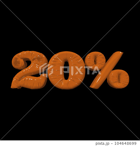 Inflated plastic square illustration of volumetric glossy deformed 3D render of orange number 20 percent on black background. Balloon metallic number. Beautiful volumetric number for advertising 104648699