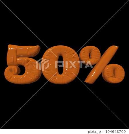 Inflated plastic square illustration of volumetric glossy deformed 3D render of orange number 50 percent on black background. Balloon metallic number. Beautiful volumetric number for advertising 104648700