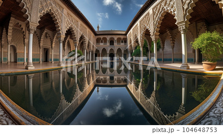 水面に映る宮殿の回廊 104648753