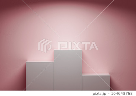 3d presentation three pedestals over pink wall background 104648768