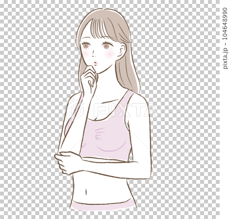 Illustration of a young woman in a thinking pose wearing a night bra/wireless bra 104648990