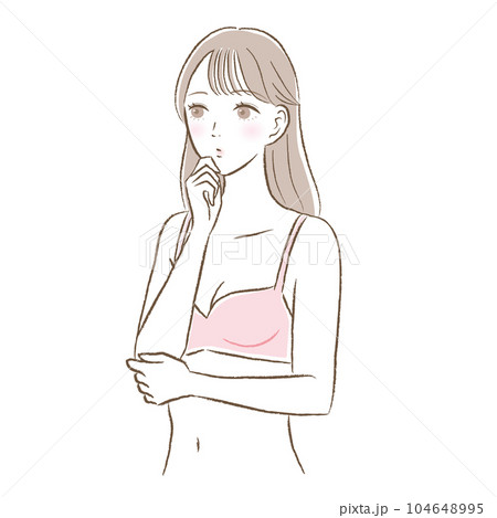 ピンクのブラジャー姿で考えるポーズの若い女性のイラスト 104648995