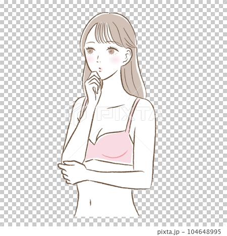 一位年輕女子穿著粉色胸罩思考姿勢的插圖 104648995