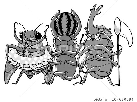 浮き輪を履いた蝉とスイカを咥えたクワガタと虫取り網を持ったカブトムシのモノクロイラス 104650994