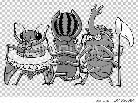 一幅單色插圖，描繪了一隻戴著漂浮物的蟬、一隻嘴裡叼著西瓜的鍬蟲和一隻拿著蝴蝶網的甲蟲。 104650994