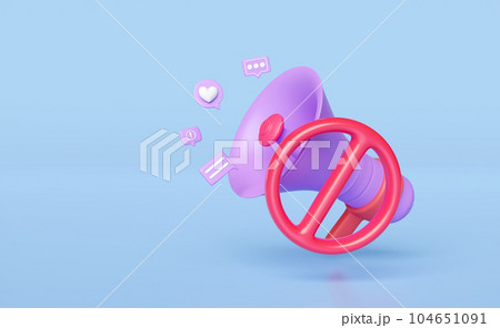3d megaphone with noise prohibition symbol, chat bubbles isolated on blue background. Don't use the sound, 3d render illustration 104651091